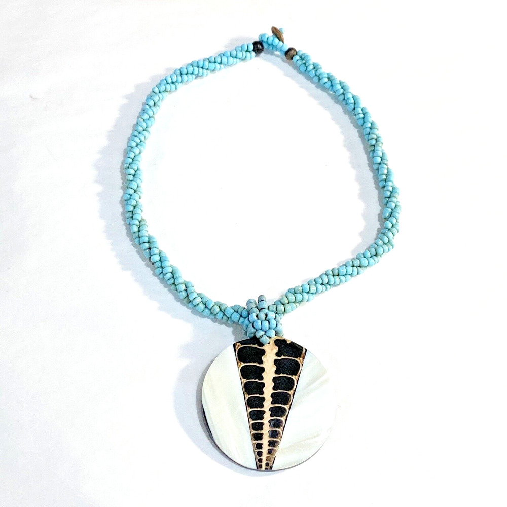 Unique Blue Beaded Necklace Carved MOP Shell Pendant tribal beachy Boho collar - Picture 2 of 7